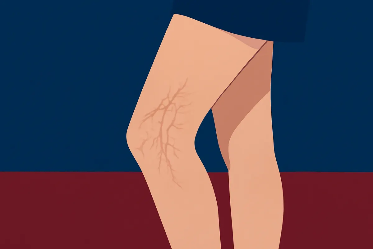 Mulher com vasinhos finos e azulados visíveis sob a pele das pernas.